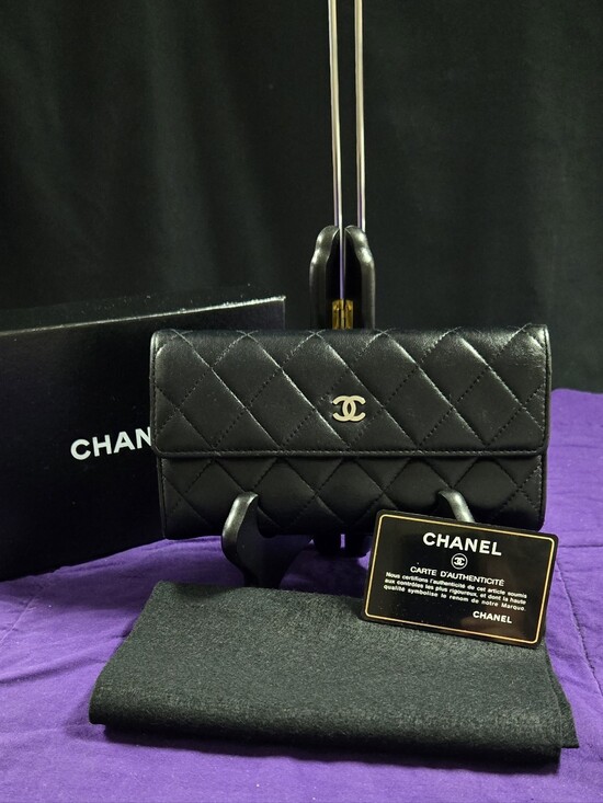 CHANEL Handbags - CHANEL Black Quilted Continental Leather Wallet with SilverTone CC